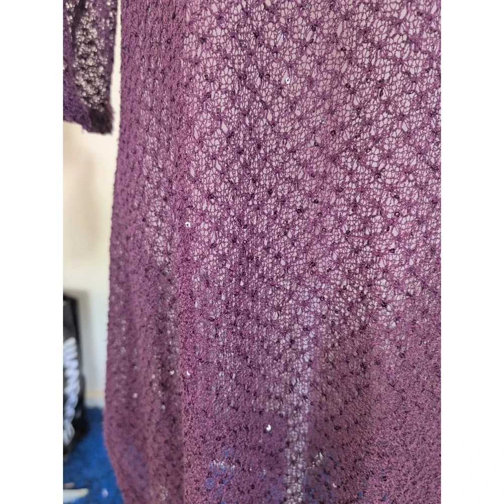 Purple Sparkly Open Knit Dress Women's Size L 3/4 Sleeve Hi-Low Sheer Stretch